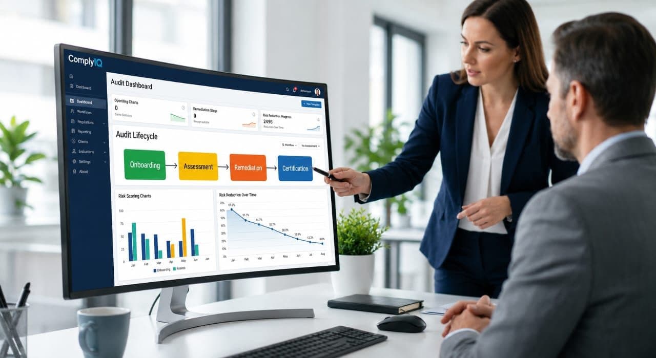 ComplyIQ audit dashboard showing the audit lifecycle — onboarding, assessment, remediation and certification — with risk-scoring and risk-reduction charts.