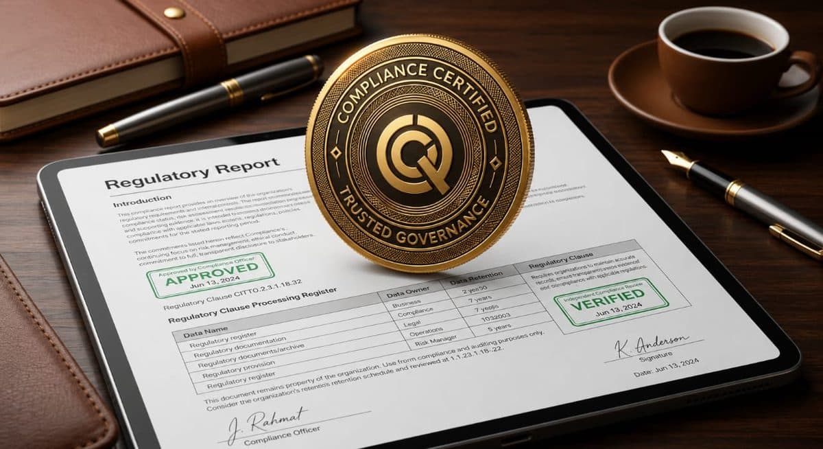 A ComplyIQ ‘Compliance Certified — Trusted Governance’ seal on an approved and verified regulatory report.