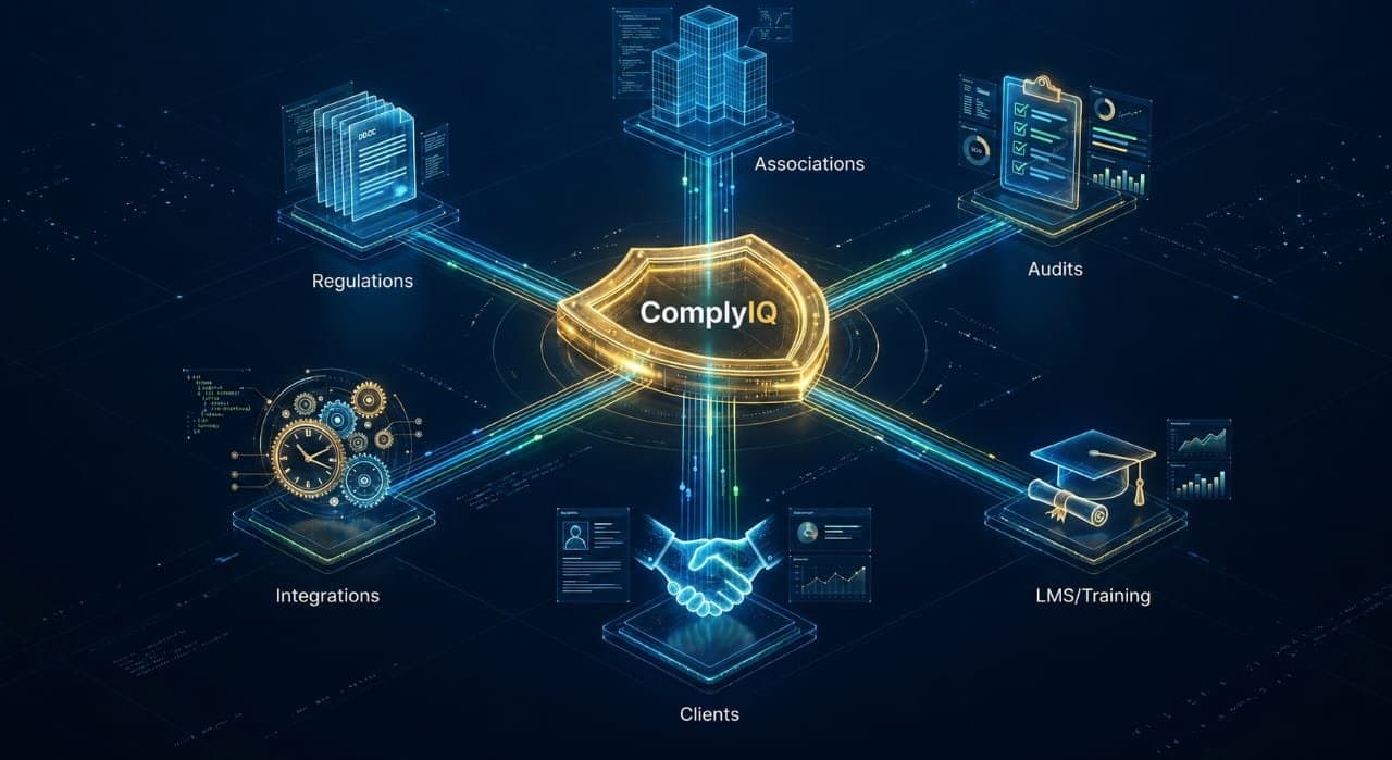 ComplyIQ at the centre of the DPCO ecosystem — connecting regulations, associations, audits, clients, integrations and training.