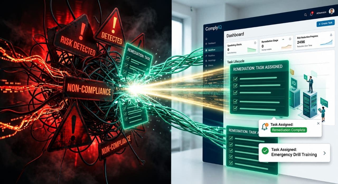 ComplyIQ turns detected risk and non-compliance into assigned remediation tasks that are tracked to completion.